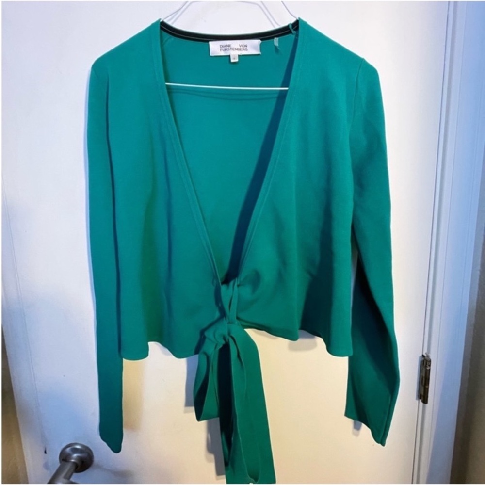 Diane Von Furstenberg Teal Tie-Front Long Sleeve Top